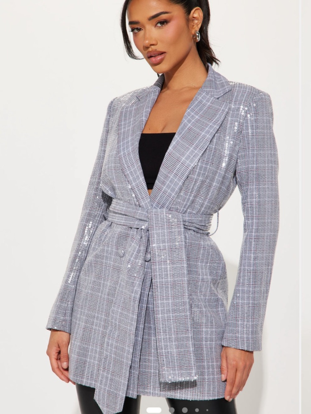Pleasure Doing Business Light Grey Sequin Plaid Belted Blazer